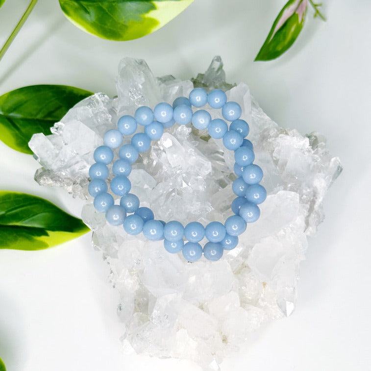ANGELITE 8mm - HANDMADE CRYSTAL BRACELET - 8mm, air, angelite, Aquarius, aquarius stack, blue, bracelet, crystal bracelet, emotional support, handmade bracelet, jewelry, market bracelet, recently added, summer vibes, Wearable - The Mineral Maven