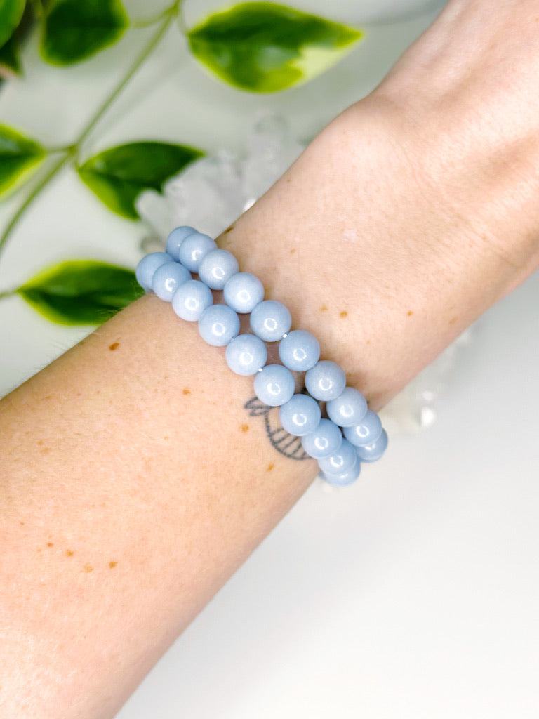 ANGELITE 8mm - HANDMADE CRYSTAL BRACELET - 8mm, air, angelite, Aquarius, aquarius stack, blue, bracelet, crystal bracelet, emotional support, handmade bracelet, jewelry, market bracelet, recently added, summer vibes, Wearable - The Mineral Maven